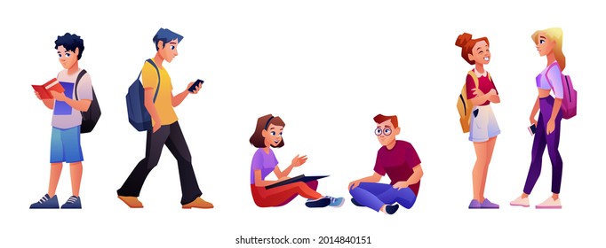 University student set isolated cartoon people. Vector young man and woman reads books, walk with smartphone, sit and talk. Communicating teenagers, first year college students, smart guys