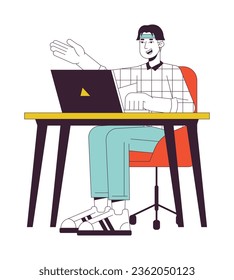 University student sitting at table flat line color vector character. Editable outline full body person on white. Student desk laptop simple cartoon spot illustration for web graphic design