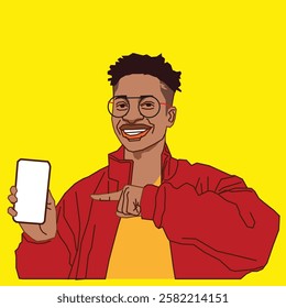 A university student smiling confidently while pointing at his phone screen, exuding excitement and engagement in a modern and academic setting.