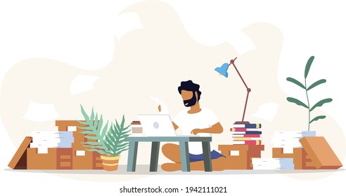 An university student study from home through online laptop computer in minimal vector design. Work from home-online video conference study due to the covid19 outbreak