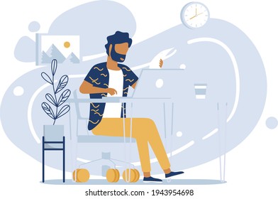 Un estudiante universitario estudia desde casa a través de una computadora portátil en línea con un diseño vectorial mínimo. Trabajo del estudio de videoconferencia en línea casera debido al brote de covid19