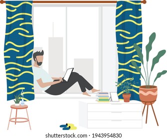 Un estudiante universitario estudia desde casa a través de una computadora portátil en línea con un diseño vectorial mínimo. Trabajo del estudio de videoconferencia en línea casera debido al brote de covid19