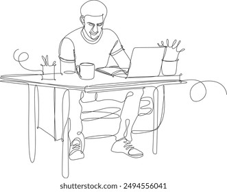 University student studying at desk with computer, cup of coffee. Continuous line vector illustration on white background.