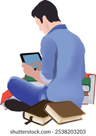 Universitätsstudent verwendet ein Tablet, um ein E-Book zu lesen und mit Papierbüchern zu studieren