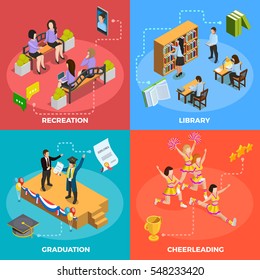 University students 4 isometric icons square poster with recreation graduation cheerleading and library moments isolated vector illustration 