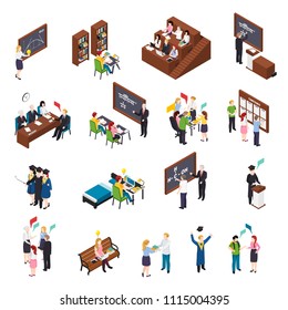 University students attending lectures workshops busy with projects in library graduating isometric icons set isolated vector illustration 