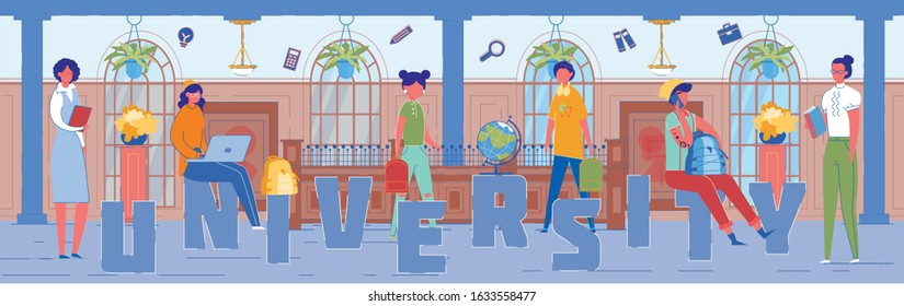 University Students in Campus Word Concept Banner. Young Boys and Girls Sitting in Corridor Cartoon Characters. Lecturers and Professors Meeting Students in University Lobby. College Lifestyle Poster