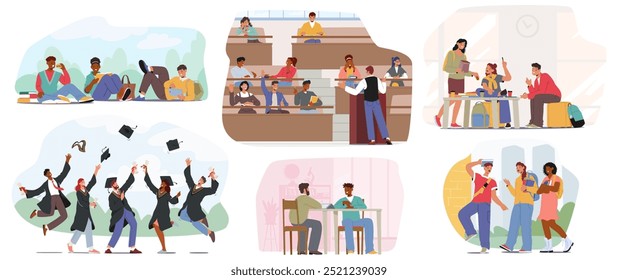 University Students Engaged In Various Activities Including Studying, Attending Lectures, Socializing, And Celebrating Graduation. Vector Image Captures The Dynamic And Diverse Aspects Of Student Life