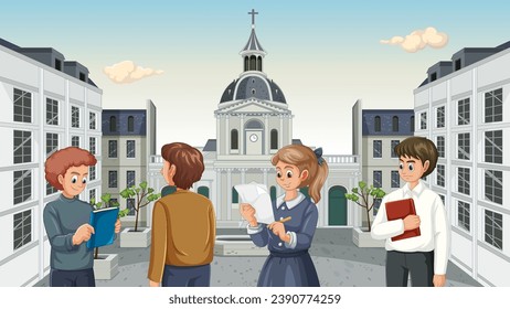 University students gathered at Sorbonne University in Paris, surrounded by a European historical building