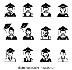 University students graduation avatar. Girl and boy graduation cap and gown. School people icons. Graduation people icons uniform throwing caps vector. People icons in black and white.