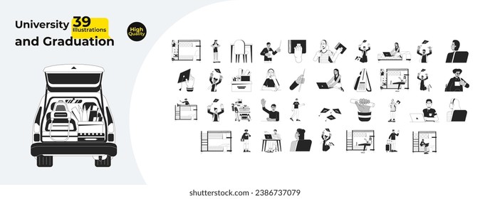 University students happy black and white cartoon flat illustration bundle. Graduate freshmen 2D lineart characters, objects isolated. Baggage college study monochrome vector outline image collection