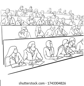 University students at a lecture.    students at their desk. Students in lecture, medical students doodle illustrations. Vector illustration on white background. For cards, posters, decor, t shirt des