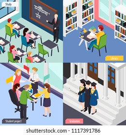 University students in library lecture classroom busy with project 4 isometric college life concept icons vector illustration  