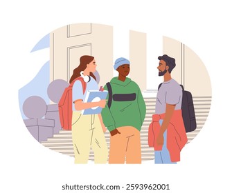 University students life. Happy group of students or friends standing near campus, communicating and sharing news. Education, learning and studying. Flat vector illustration isolated on background
