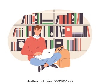 University students life. Happy teenage boy sitting in library reading books and preparing for exam or seminar. Education, learning and studying. Flat vector illustration isolated on background