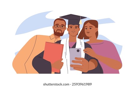 University students life. Happy young graduate guy receives diploma and takes memorable photo with parents. Education, learning and studying. Flat vector illustration isolated on background