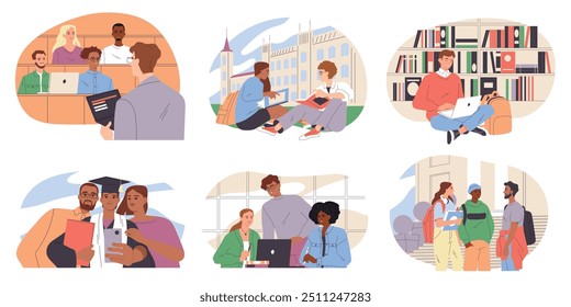 University students life set. Happy young girls and boys listening lecture in classroom, studying in library and preparing for exam. Flat vector illustration collection isolated on white background