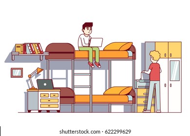 University Students Living In Dorm Room. Doing Homework Or Project Together. Boy Sitting On Bunk Bad With Laptop. Printing Document. Flat Style Cartoon Vector Illustration Isolated On White Background