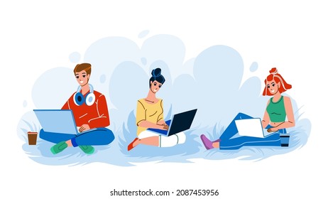 University Students Remote Studying Outdoor Vector. University Students Boys And Girls Learning At Laptop In Park. Characters Reading Electronic Book At Computer Outside Flat Cartoon Illustration