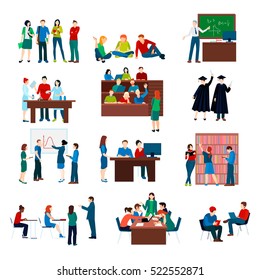 University students set in different situations and activities in flat style isolated vector illustration