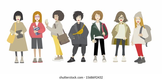 University students in street style fashion. Multicultural young girls with backpacks and gadgets. Cartoon characters.