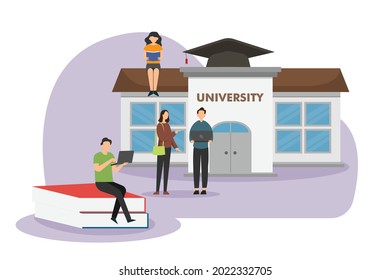 University students vector concept: Group of young students learning together in the campus while using laptop and book