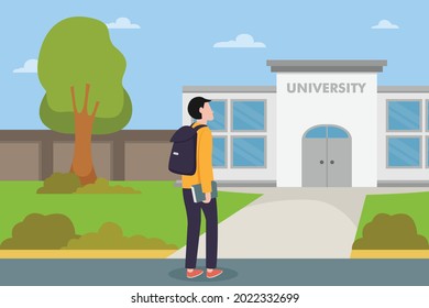 University students vector concept: Male college student walking to the class while carrying backpack and textbook