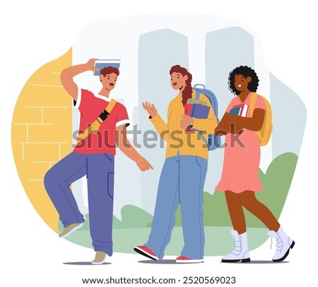 University Students Walking On Campus Engaging In Friendly Discussion. Holding Books And Backpacks, They Embrace Student Life With Joy. Vector Scene Captures Sense Of Youthful Energy And Collaboration