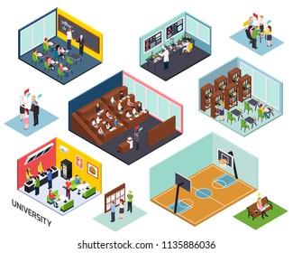 University study concept 10 isometric compositions set with classroom lecture library project sport outdoor isolated vector illustration 