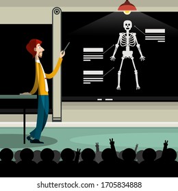 University Teacher in Class with Pointer. Students Raising Hands Silhouettes and Skeleton on Blackboard Vector Illustration