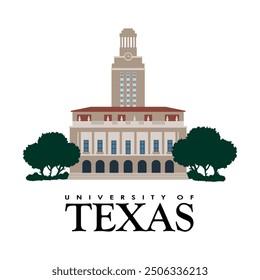 University of Texas Hauptgebäude Illustration mit Bäumen vor, Kartographie Kontinent Konzept, Kontur Dallas Design, Bundesbezirksflagge, Geografie Houston Illustration Symbol, einzelne Linie