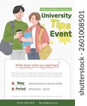 University Tips Event Poster. College student character illustration.