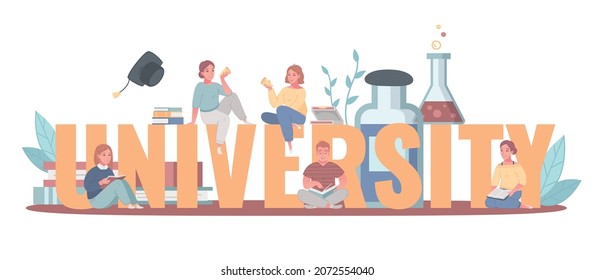 University title header big letters horizontal composition with studying reading textbooks students chemical laboratory retorts cartoon vector illustration