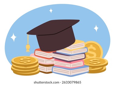 University tuition fees. Money for education. Graduation hat on gold coins heap. Textbook stack. Financial savings. Students deposit. Studying loan. Academic knowledge. Diploma costs. Vector concept