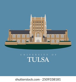 Universidade de Tulsa arquitetura edifício principal ilustração vetor design inicial com arquivo eps. Pronto para Imprimir arquivo da universidade Tulsa. Tulsa exterior da faculdade. Ilustração moderna em cor de tijolo