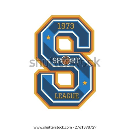 University varsity sport team patch label. Blue gold letter S with basketball, gold stars and text. Retro vector emblem for team uniforms, sports apparel, and college merchandise