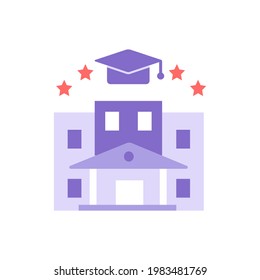 Universitätsvektor-Flachfarbsymbol. Hochschulbildung, Lebensstil der Studenten. Akademische Einrichtung. Prestigeträchtiger Universitätscampus. Cartoon-Stilkunst für mobile App. Einzelne RGB-Abbildung