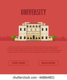 University. Vector illustration. Exterior. Flat style. College building. University building icon. Study banner. University building flat icon. Front view. EPS 10.