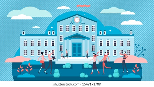 University vector illustration. Flat tiny academical building persons concept. Daily everyday school scene with students, books and knowledge mood. Outside building exterior with characters crowd.