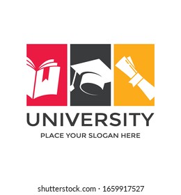 University vector logo template. This design use book, certificate and hat student symbol