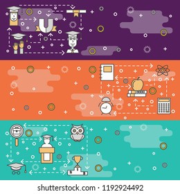 University vector web banner template set. Student, owl, graduation hat, diploma etc. Thin line art flat style design elements, icons, copy space.