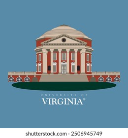 University of Virginia main architectural building vector illustration in 4 colors for print on shirts and shoes, blue background educational emblem design, famous and historic virginia university