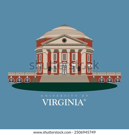 University of Virginia main architectural building vector illustration in 4 colors for print on shirts and shoes, blue background educational emblem design, famous and historic virginia university