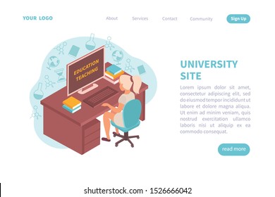 University web site landing page layout with place for text information about education and teaching isometric vector illustration