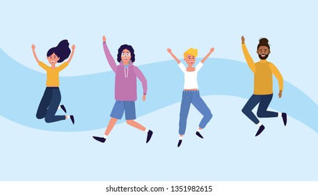 university women and men jumping with casual clothes