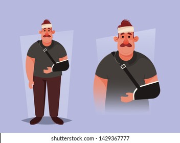 Unjured Man with Broken Arm. Cartoon Style. Vector Illustration