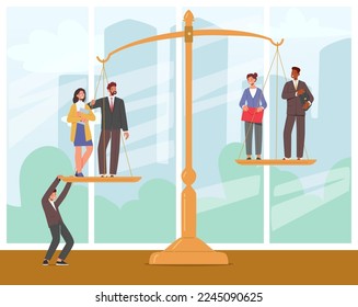 Unjust Advantage, Inequality, Rights, Salary Imbalance, Discrimination, Fairness at Work and Career Concept. Business Characters Stand on Scales on Different Level. Cartoon People Vector Illustration