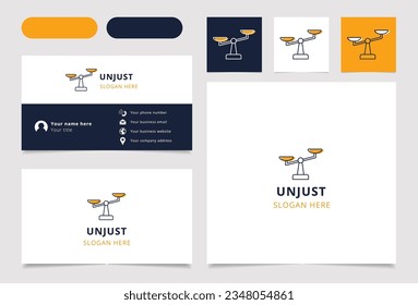 Unjust logo design with editable slogan. Branding book and business card template.