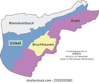 Unkel verbandsgemeinde map of Neuwied district Rhineland-Palatinate (Rheinland-Pfalz) state in Germany. Vectored. Retro colors