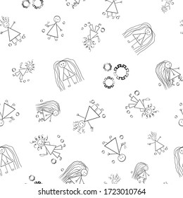 Unkempt hair Covid 19 quarantine vector seamless pattern. Humorous backdrop of childlike scribble drawings of girls with messy styles and coronavirus. Black and white isolation self care concept.